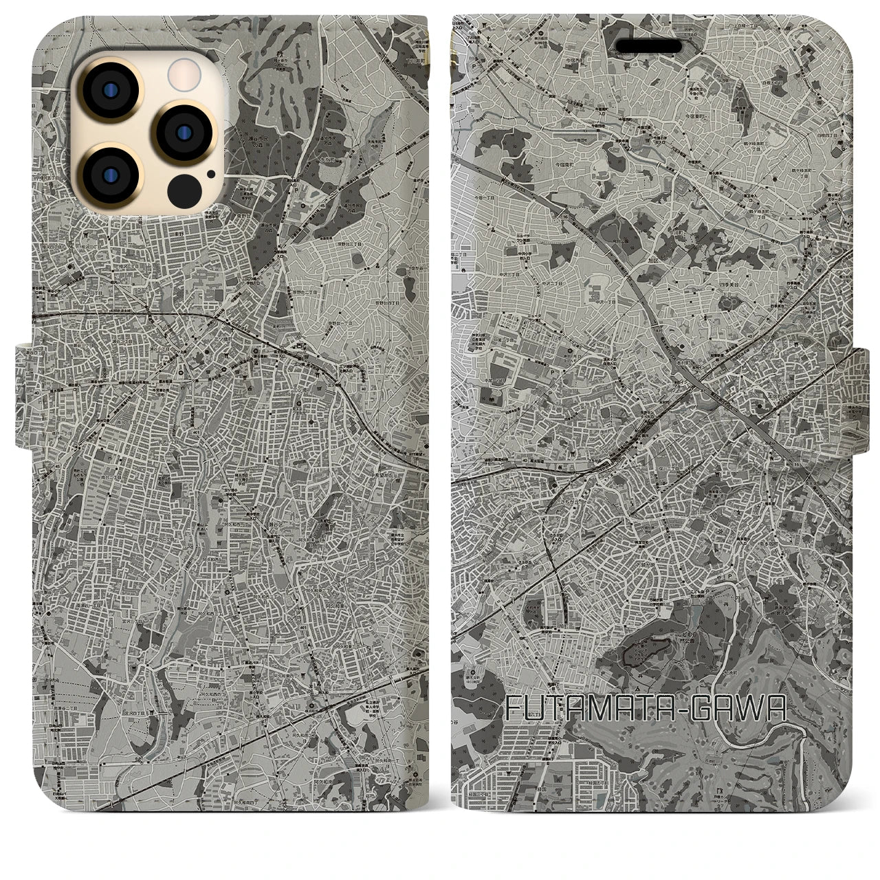 【二俣川(神奈川県)】地図柄iPhoneケース(手帳タイプ)モノトーン・iPhone 12 Pro Max 用