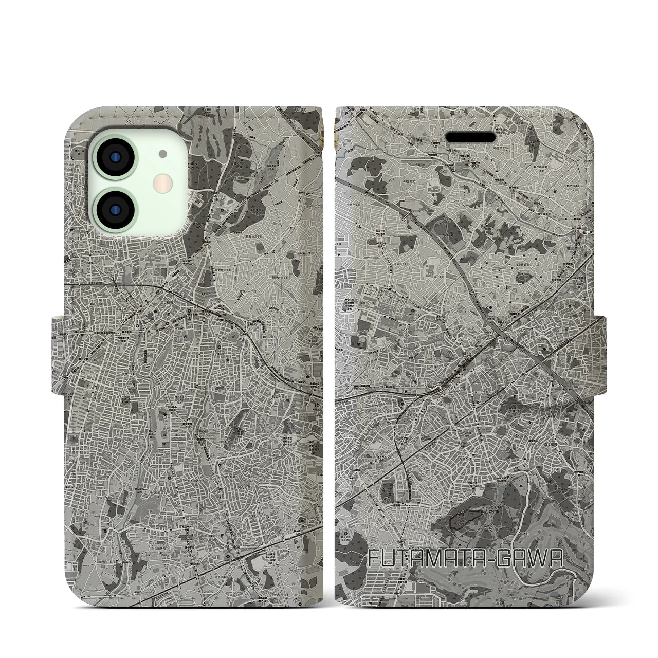 【二俣川(神奈川県)】地図柄iPhoneケース(手帳タイプ)モノトーン・iPhone 12 mini 用