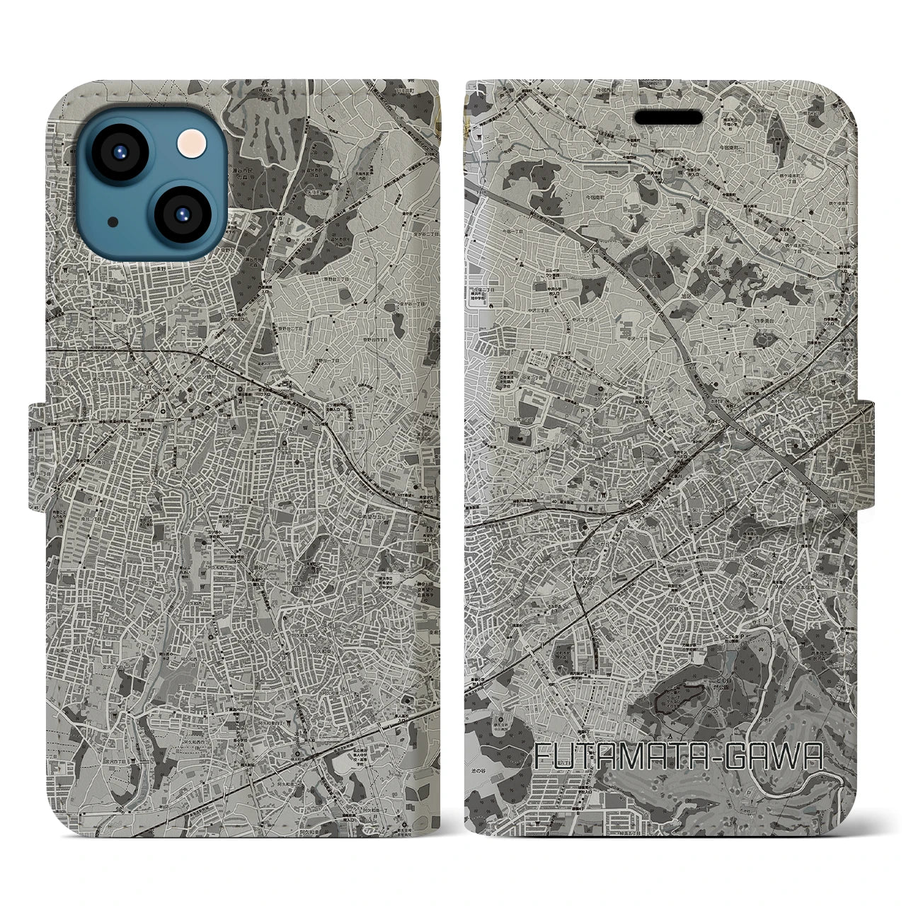 【二俣川(神奈川県)】地図柄iPhoneケース(手帳タイプ)モノトーン・iPhone 13 用