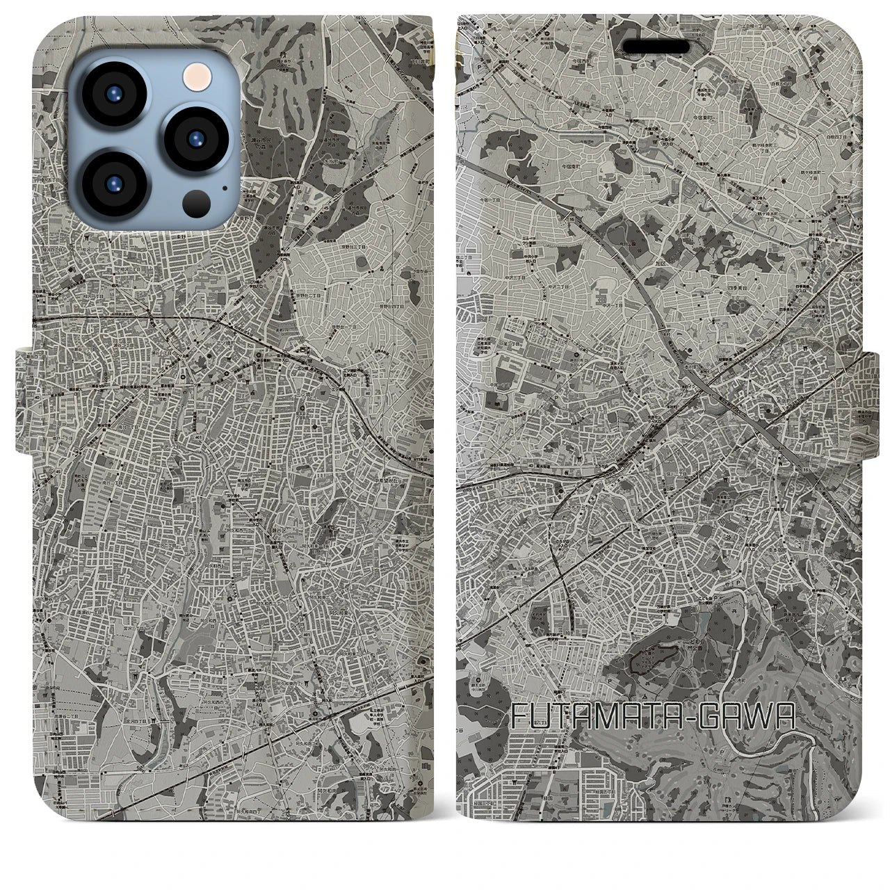 【二俣川(神奈川県)】地図柄iPhoneケース(手帳タイプ)モノトーン・iPhone 13 Pro Max 用