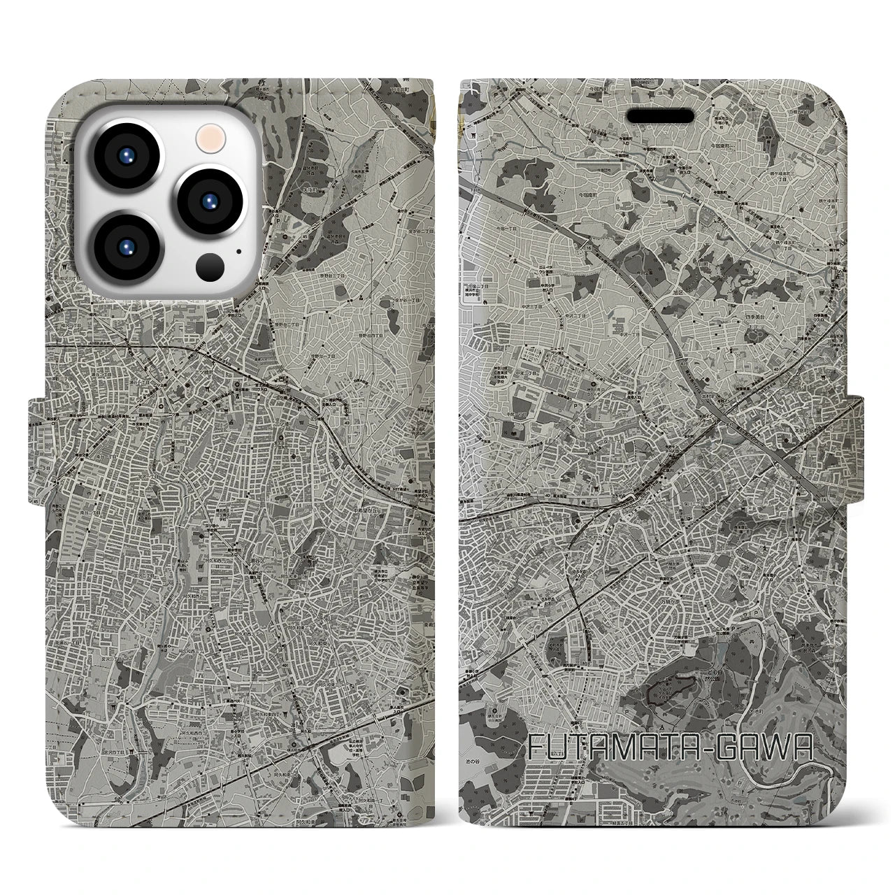 【二俣川(神奈川県)】地図柄iPhoneケース(手帳タイプ)モノトーン・iPhone 13 Pro 用