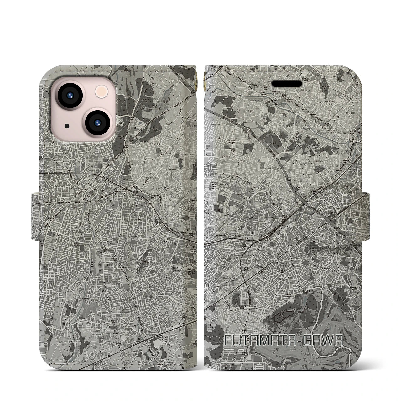 【二俣川(神奈川県)】地図柄iPhoneケース(手帳タイプ)モノトーン・iPhone 13 mini 用