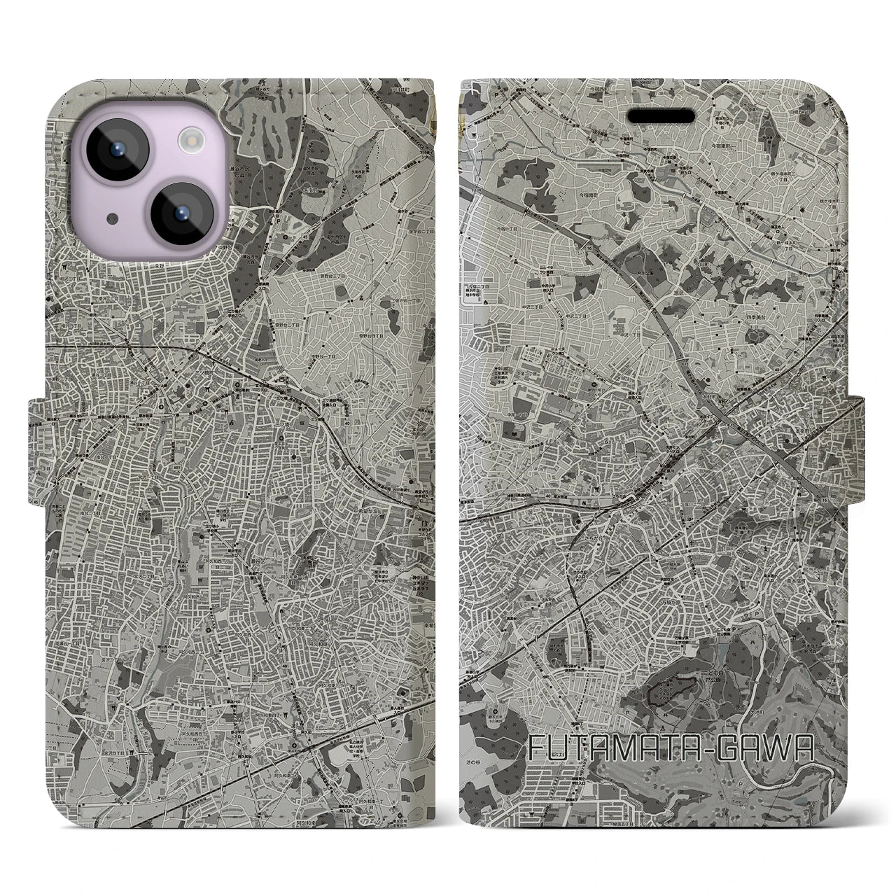 【二俣川(神奈川県)】地図柄iPhoneケース(手帳タイプ)モノトーン・iPhone 14 用
