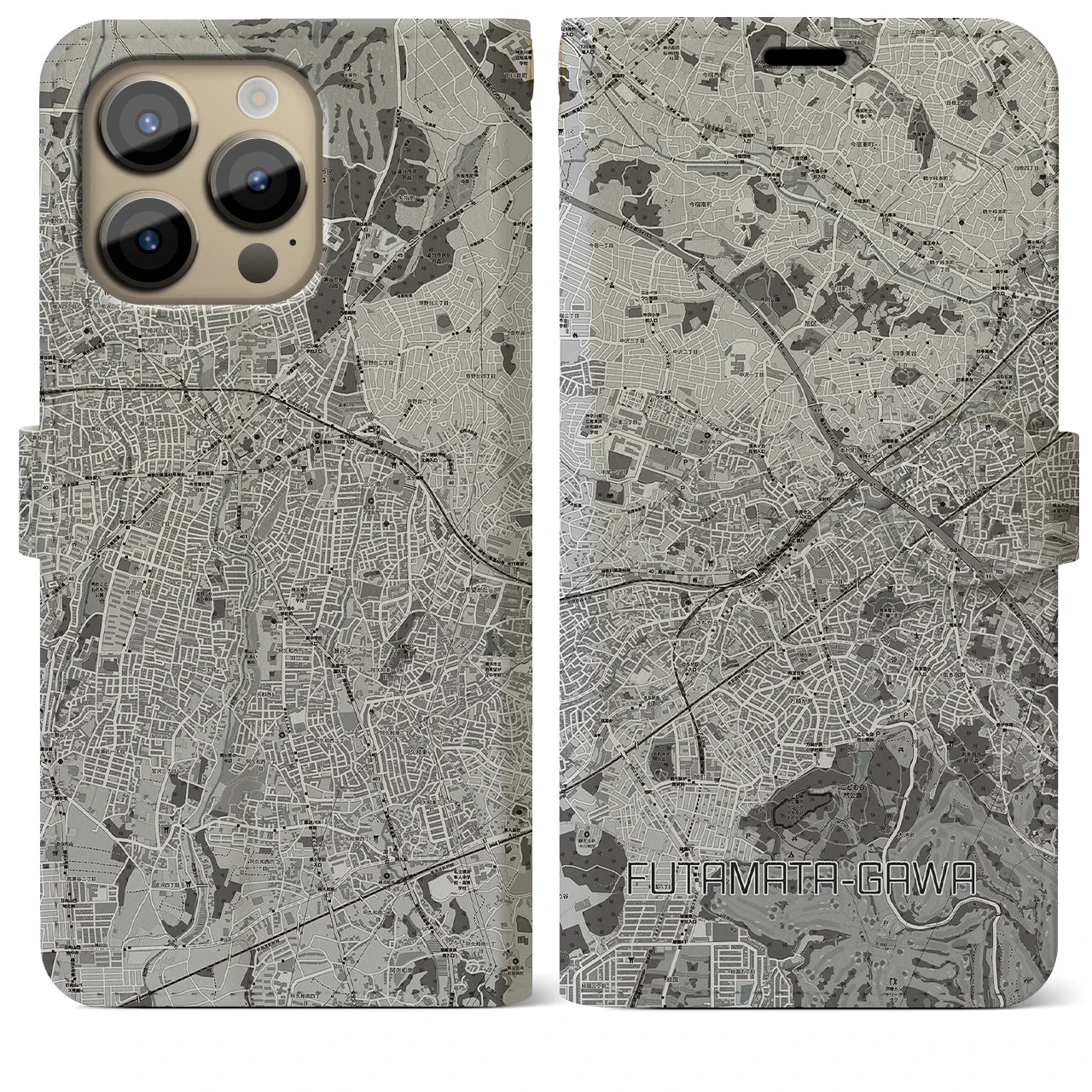 【二俣川(神奈川県)】地図柄iPhoneケース(手帳タイプ)モノトーン・iPhone 14 Pro Max 用