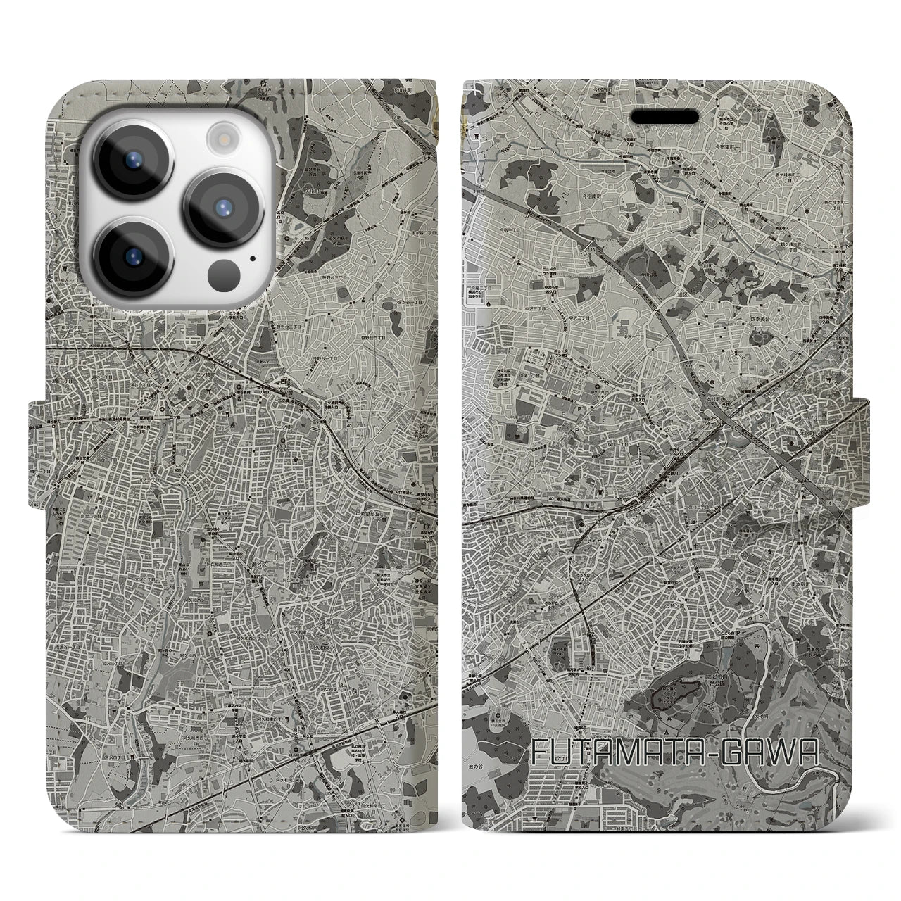 【二俣川(神奈川県)】地図柄iPhoneケース(手帳タイプ)モノトーン・iPhone 14 Pro 用