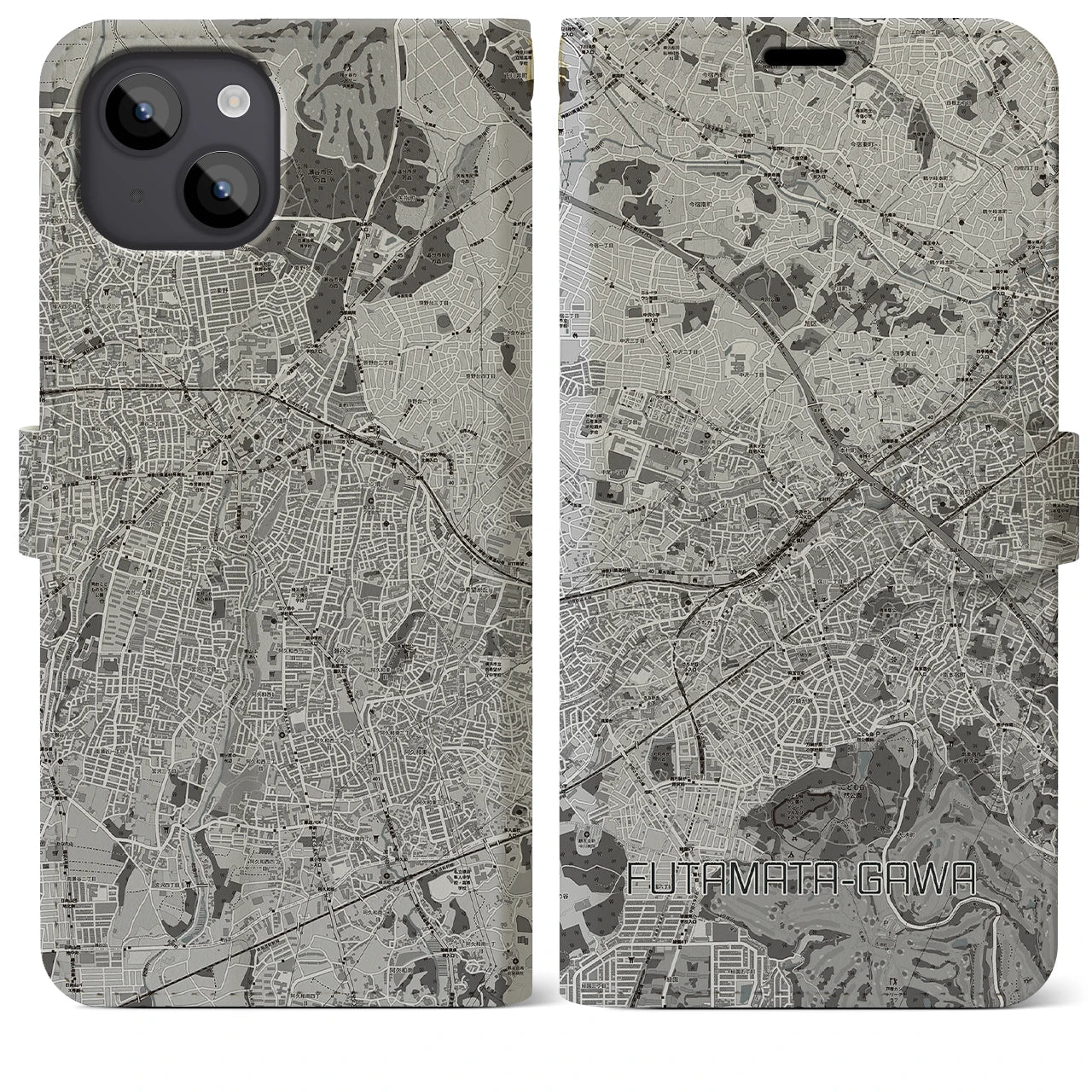 【二俣川(神奈川県)】地図柄iPhoneケース(手帳タイプ)モノトーン・iPhone 14 Plus 用