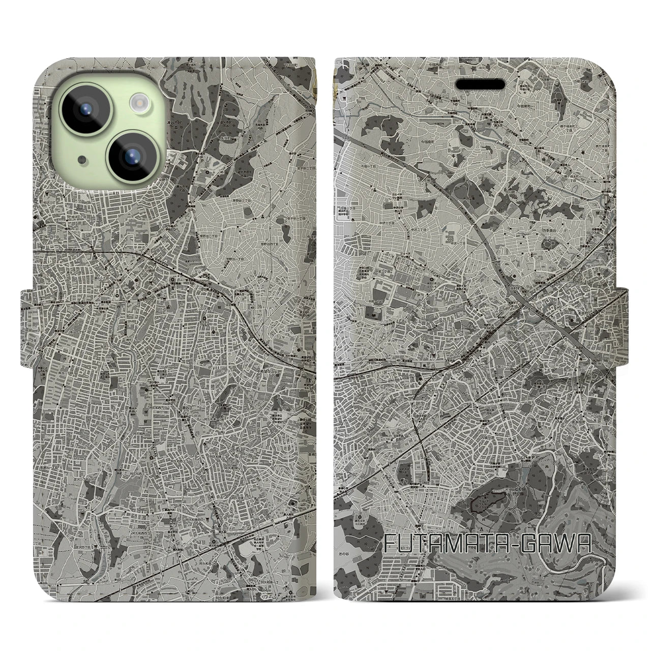 【二俣川(神奈川県)】地図柄iPhoneケース(手帳タイプ)モノトーン・iPhone 15 用