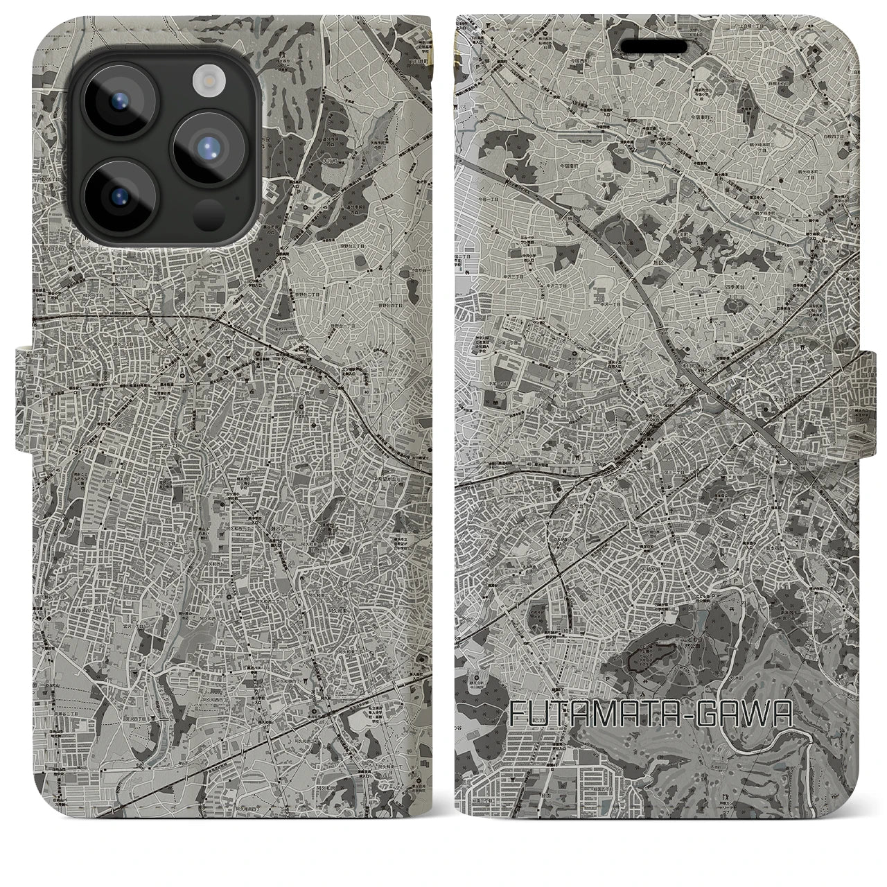 【二俣川(神奈川県)】地図柄iPhoneケース(手帳タイプ)モノトーン・iPhone 15 Pro Max 用