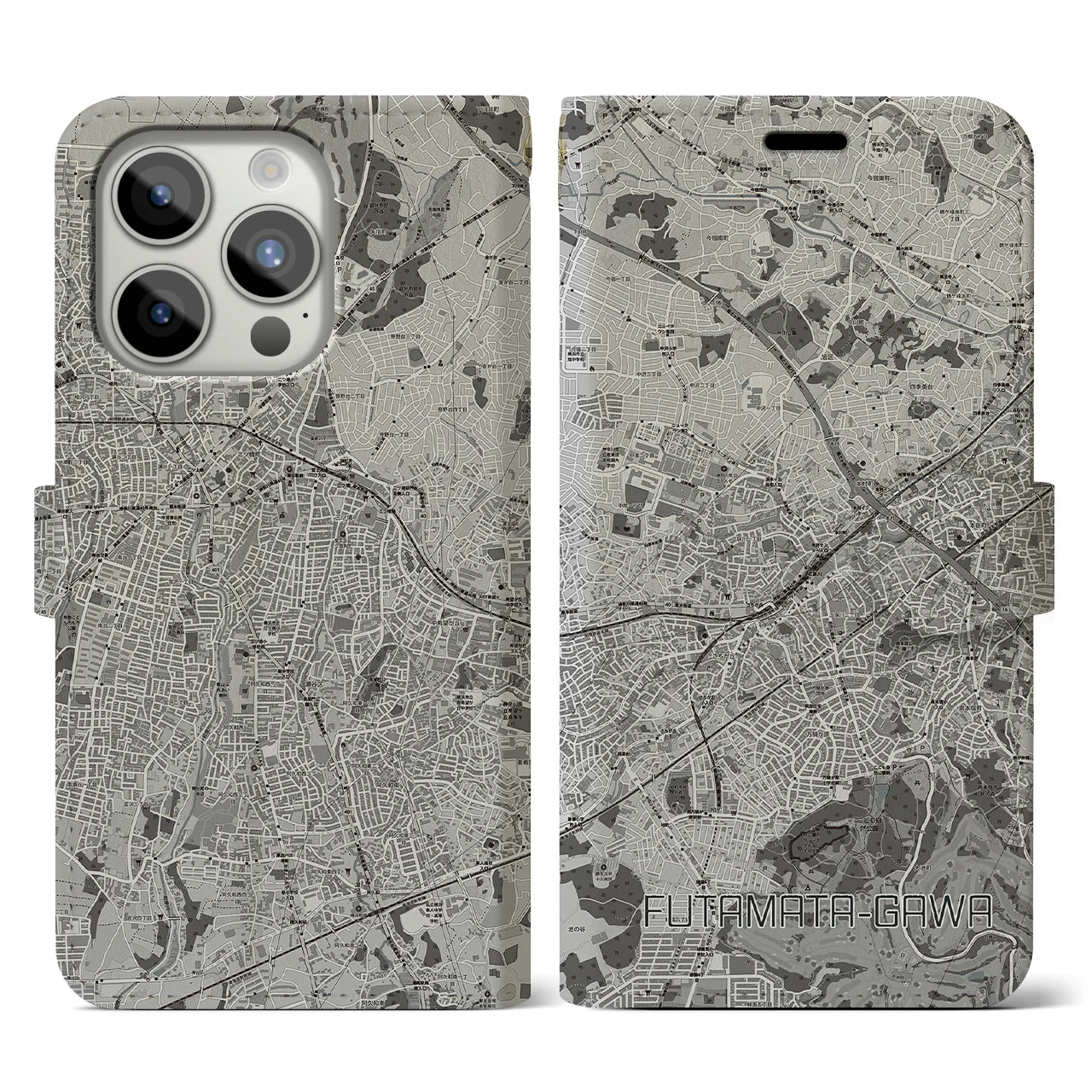 【二俣川(神奈川県)】地図柄iPhoneケース(手帳タイプ)モノトーン・iPhone 15 Pro 用