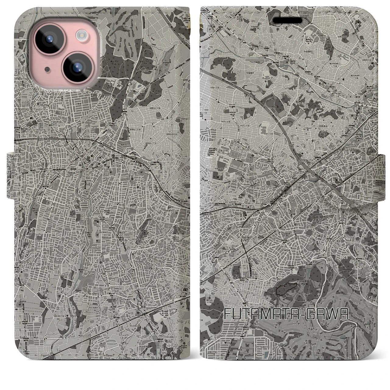 【二俣川(神奈川県)】地図柄iPhoneケース(手帳タイプ)モノトーン・iPhone 15 Plus 用