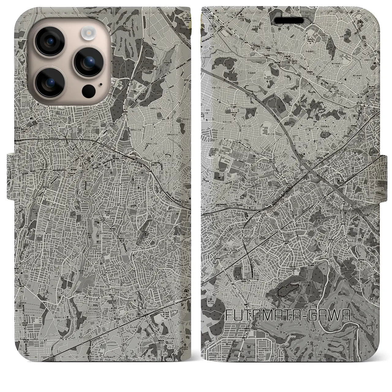 【二俣川(神奈川県)】地図柄iPhoneケース(手帳タイプ)モノトーン・iPhone 16 Plus 用