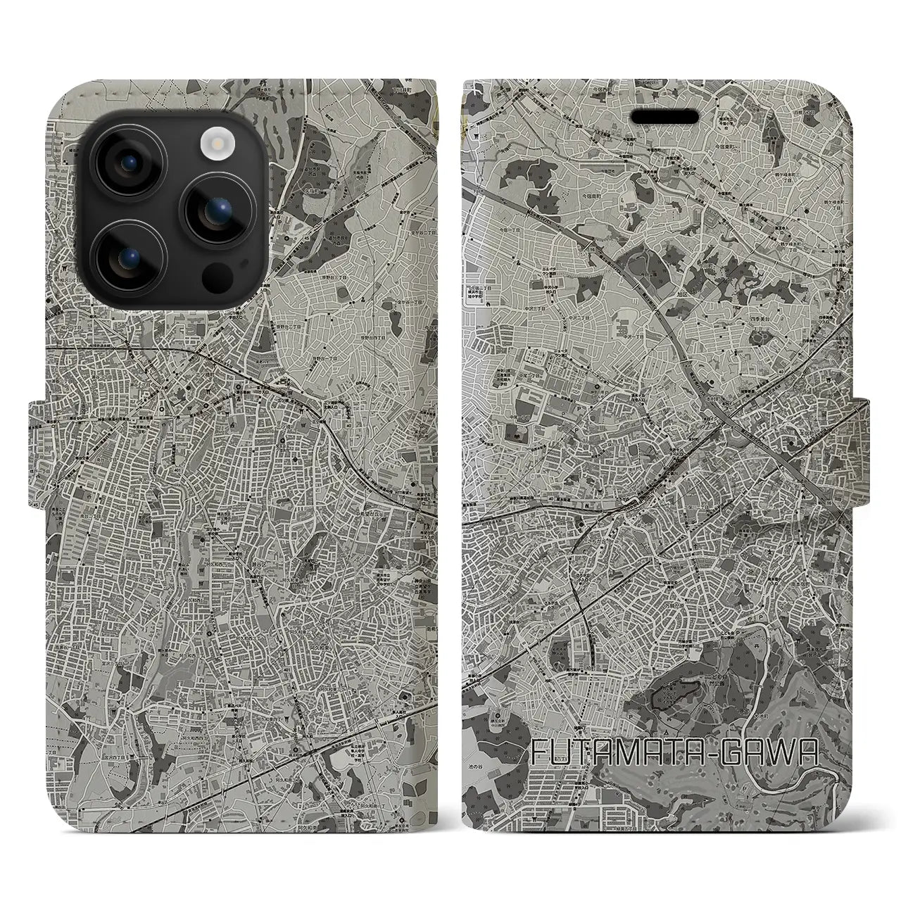 【二俣川(神奈川県)】地図柄iPhoneケース(手帳タイプ)モノトーン・iPhone 16 用