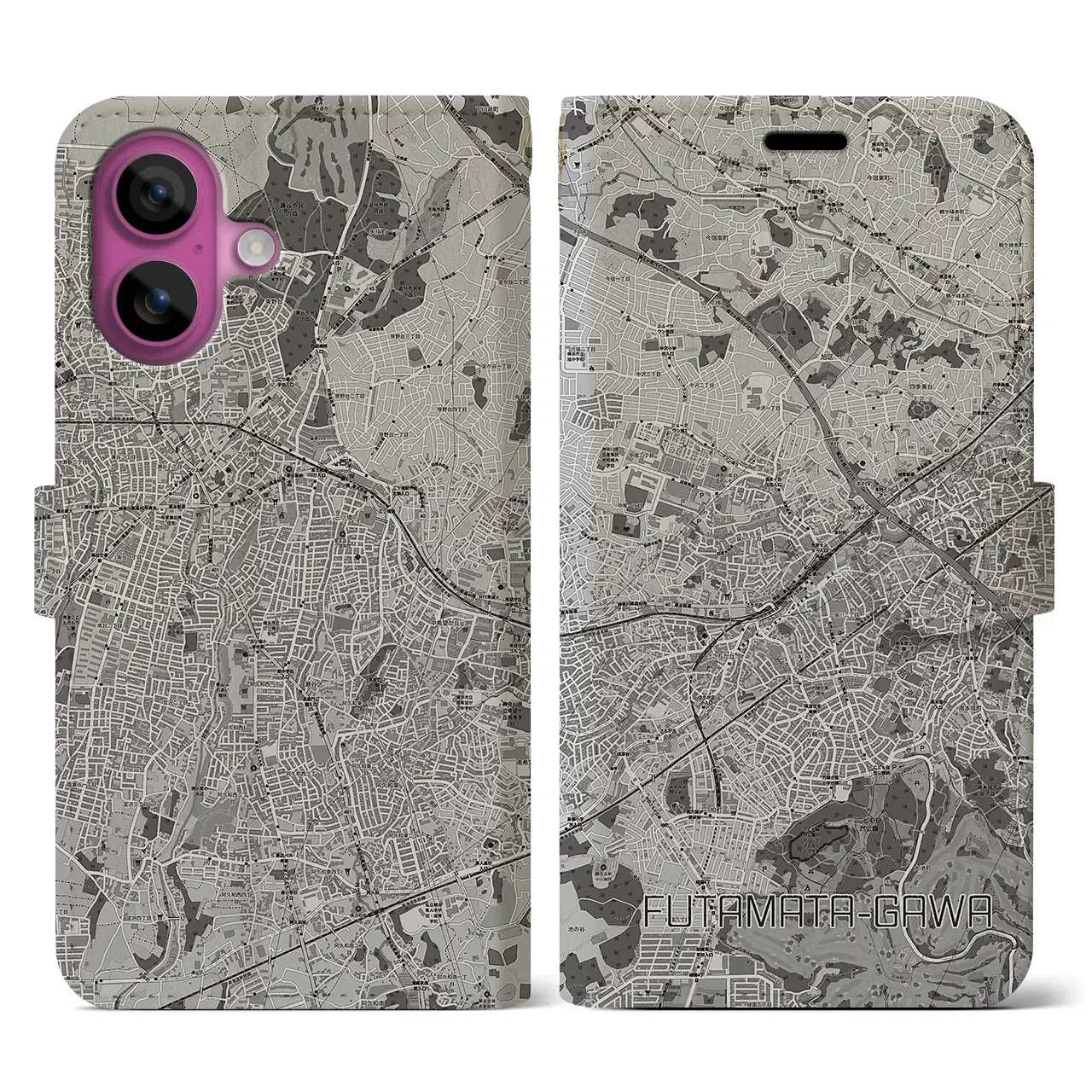 【二俣川(神奈川県)】地図柄iPhoneケース(手帳タイプ)モノトーン・iPhone 16 Pro 用
