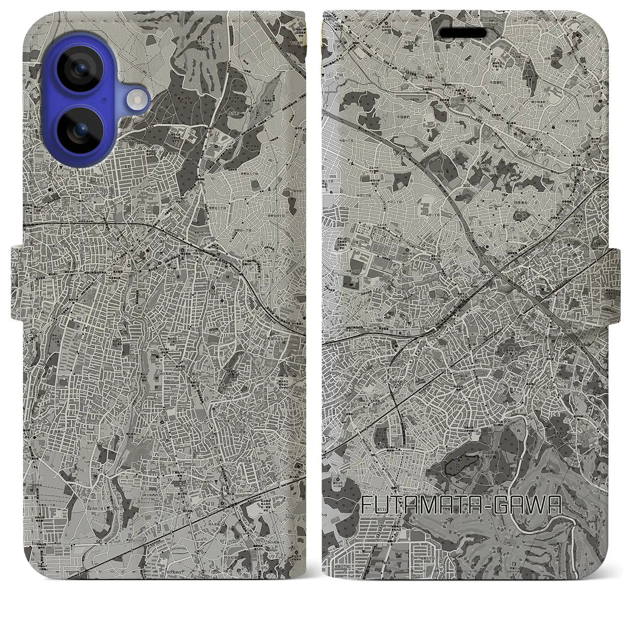 【二俣川(神奈川県)】地図柄iPhoneケース(手帳タイプ)モノトーン・iPhone 16 Pro Max 用