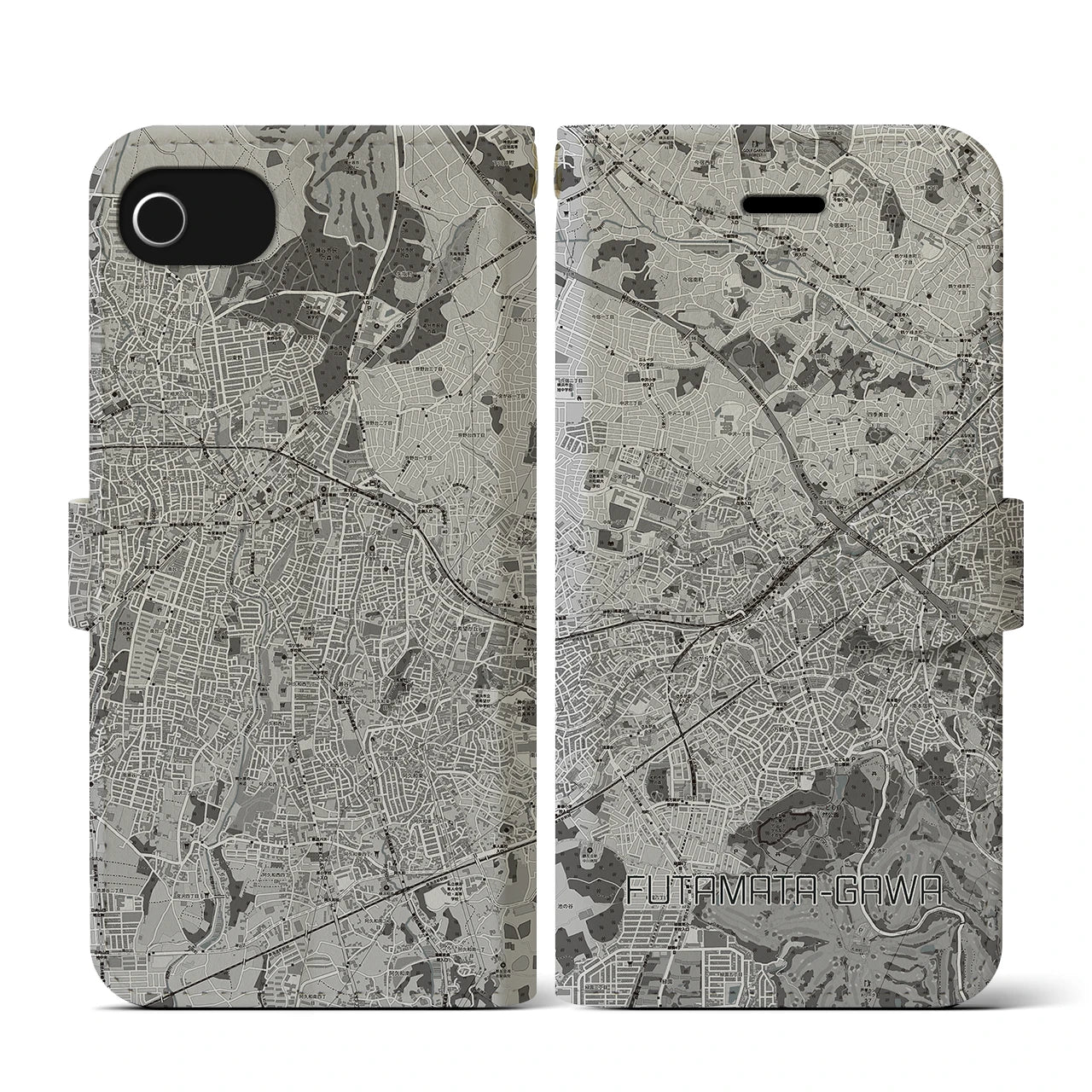 【二俣川(神奈川県)】地図柄iPhoneケース(手帳タイプ)モノトーン・iPhone SE(第3 / 第2世代) / 8 / 7 / 6s / 6 用