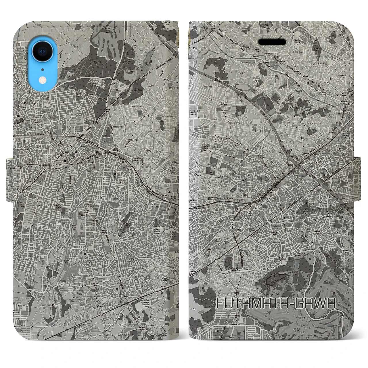 【二俣川(神奈川県)】地図柄iPhoneケース(手帳タイプ)モノトーン・iPhone XR 用