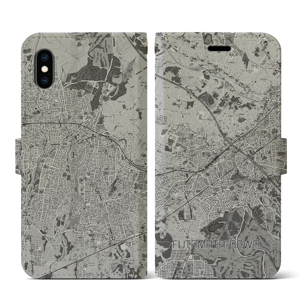 【二俣川(神奈川県)】地図柄iPhoneケース(手帳タイプ)モノトーン・iPhone XS / X 用