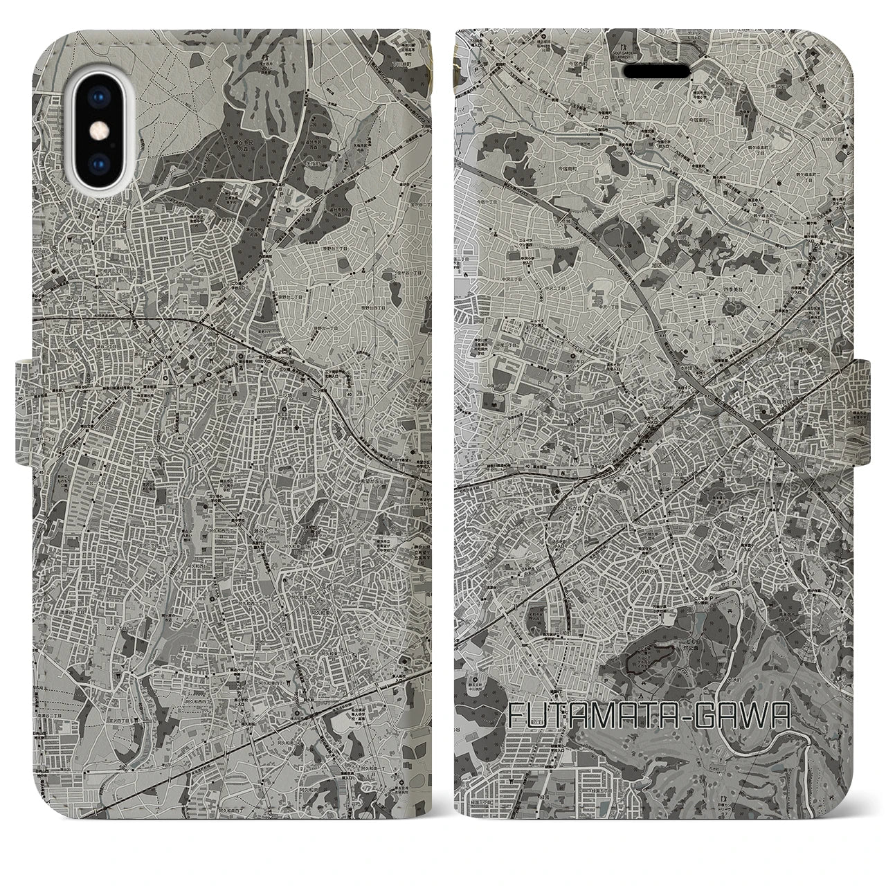 【二俣川(神奈川県)】地図柄iPhoneケース(手帳タイプ)モノトーン・iPhone XS Max 用