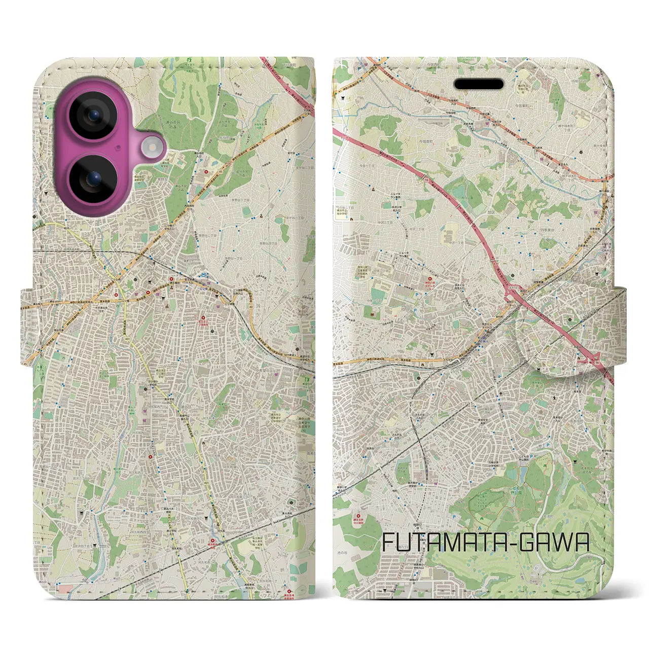 【二俣川(神奈川県)】地図柄iPhoneケース(手帳タイプ)ナチュラル・iPhone 16 Pro 用