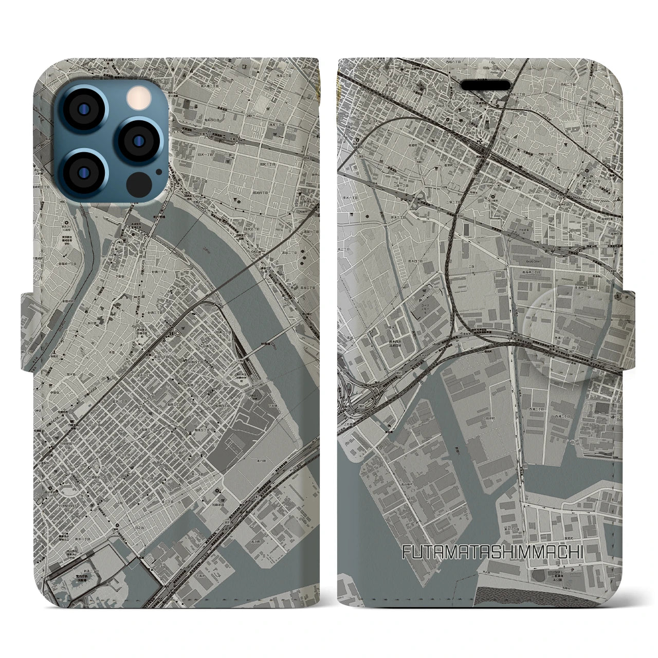 【二俣新町(千葉県)】地図柄iPhoneケース(手帳タイプ)モノトーン・iPhone 12 / 12 Pro 用