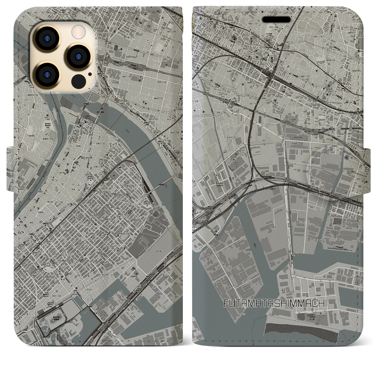 【二俣新町(千葉県)】地図柄iPhoneケース(手帳タイプ)モノトーン・iPhone 12 Pro Max 用