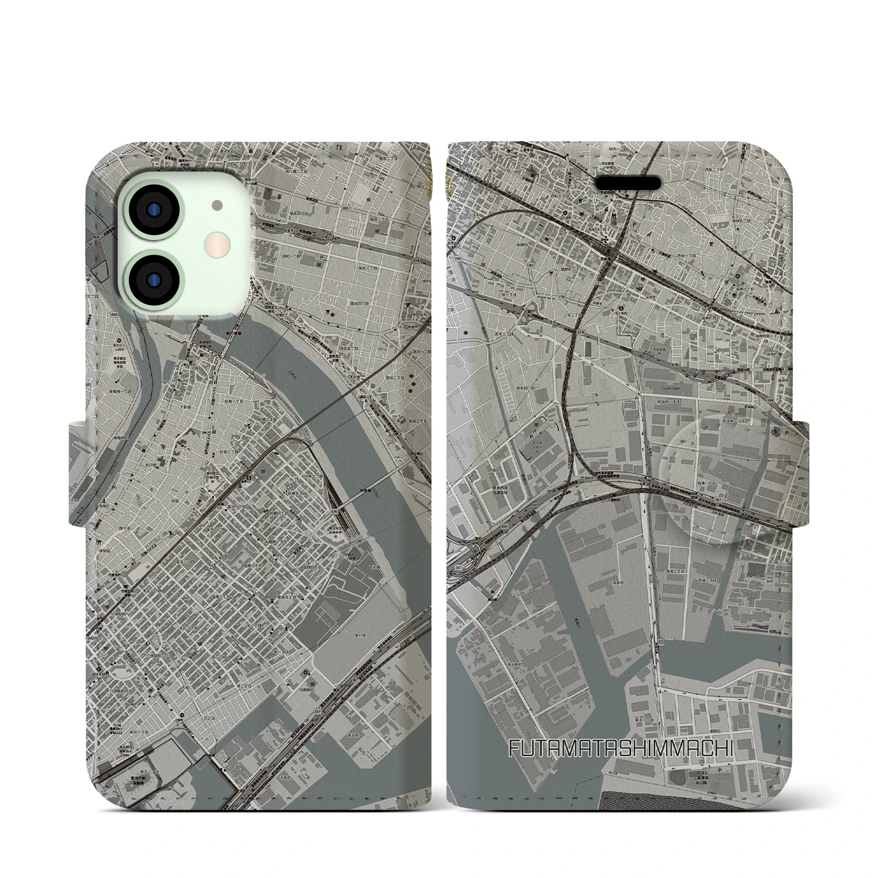 【二俣新町(千葉県)】地図柄iPhoneケース(手帳タイプ)モノトーン・iPhone 12 mini 用