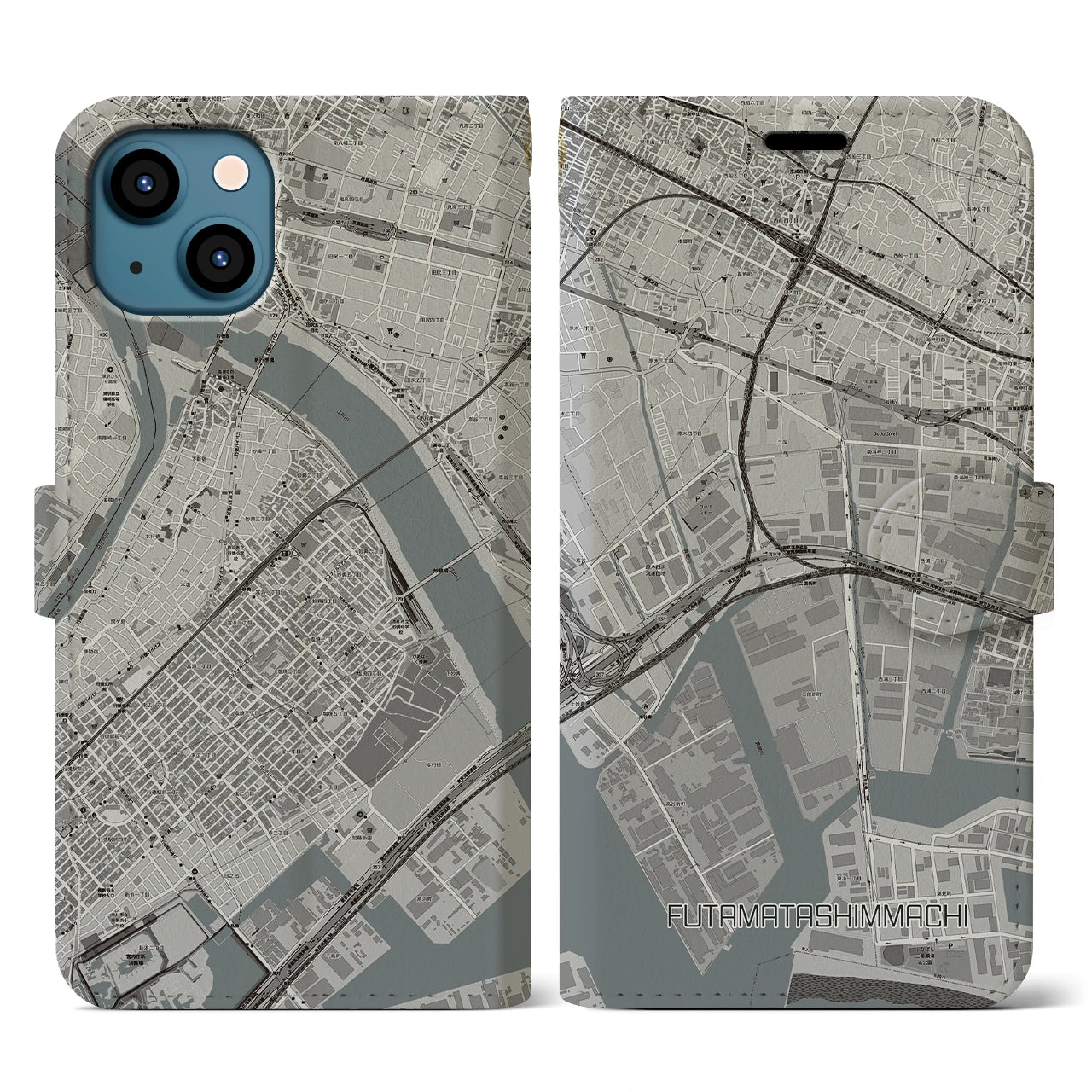 【二俣新町(千葉県)】地図柄iPhoneケース(手帳タイプ)モノトーン・iPhone 13 用