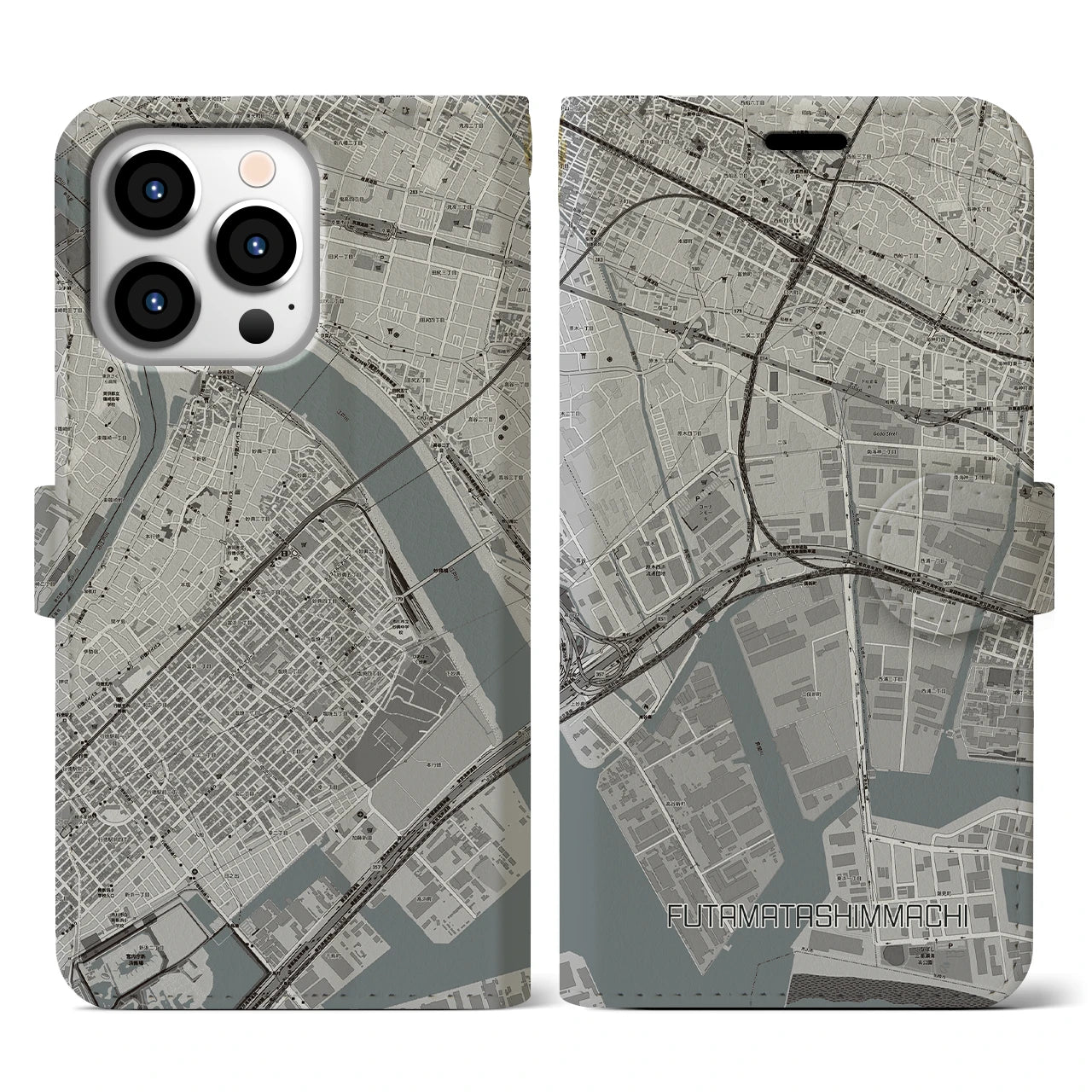 【二俣新町(千葉県)】地図柄iPhoneケース(手帳タイプ)モノトーン・iPhone 13 Pro 用