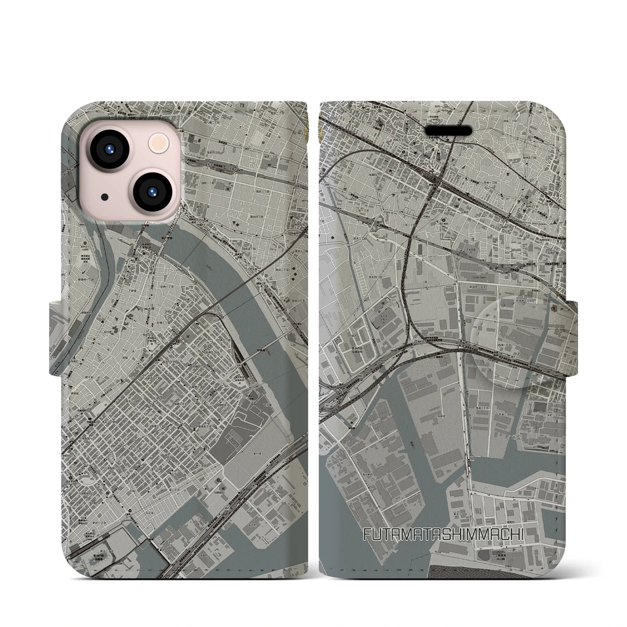【二俣新町(千葉県)】地図柄iPhoneケース(手帳タイプ)モノトーン・iPhone 13 mini 用