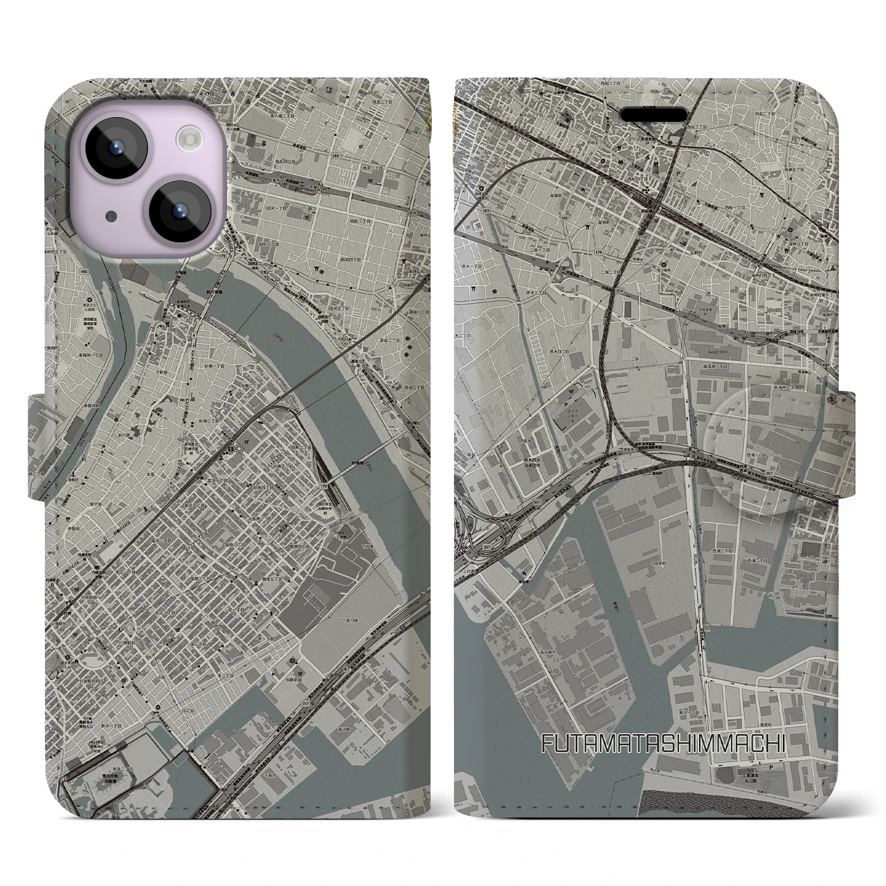 【二俣新町(千葉県)】地図柄iPhoneケース(手帳タイプ)モノトーン・iPhone 14 用