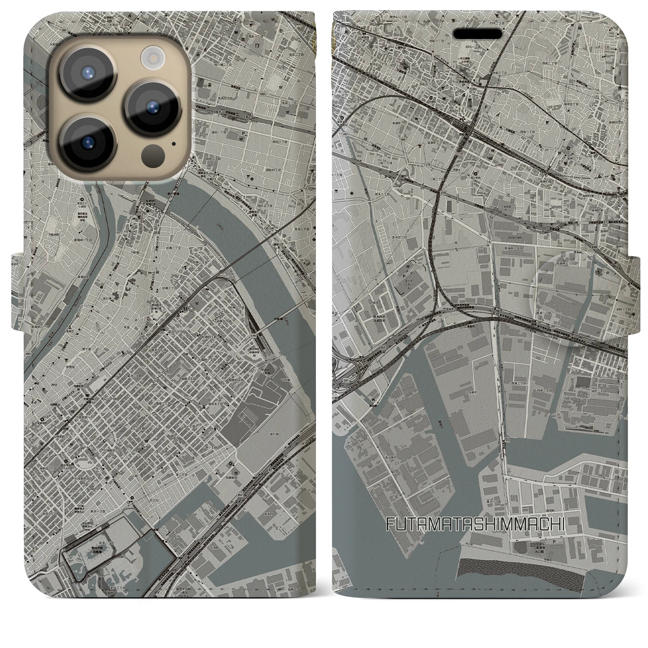 【二俣新町(千葉県)】地図柄iPhoneケース(手帳タイプ)モノトーン・iPhone 14 Pro Max 用