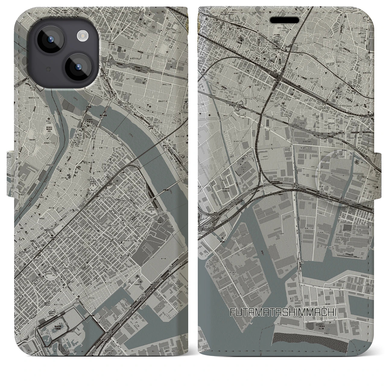【二俣新町(千葉県)】地図柄iPhoneケース(手帳タイプ)モノトーン・iPhone 14 Plus 用