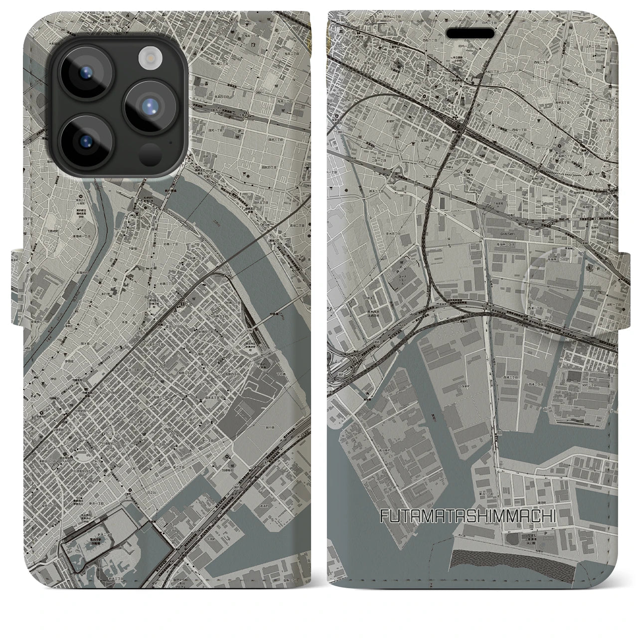 【二俣新町(千葉県)】地図柄iPhoneケース(手帳タイプ)モノトーン・iPhone 15 Pro Max 用