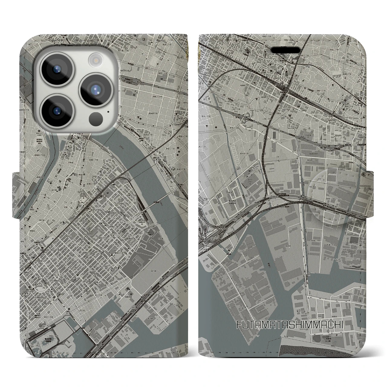 【二俣新町(千葉県)】地図柄iPhoneケース(手帳タイプ)モノトーン・iPhone 15 Pro 用