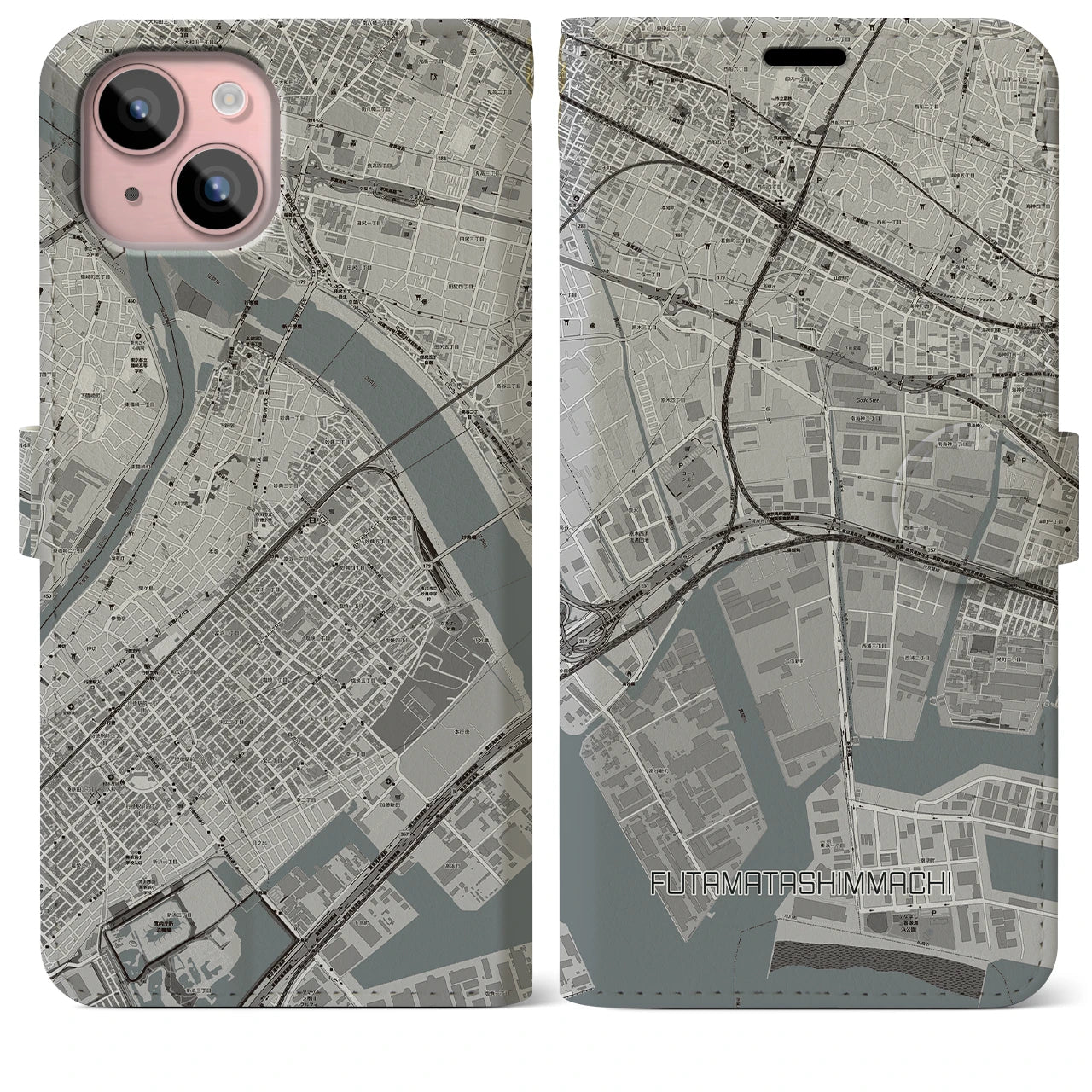 【二俣新町(千葉県)】地図柄iPhoneケース(手帳タイプ)モノトーン・iPhone 15 Plus 用