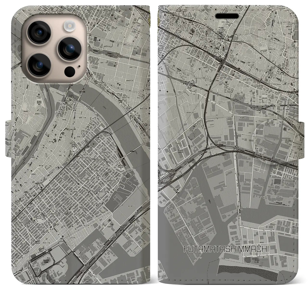【二俣新町(千葉県)】地図柄iPhoneケース(手帳タイプ)モノトーン・iPhone 16 Plus 用