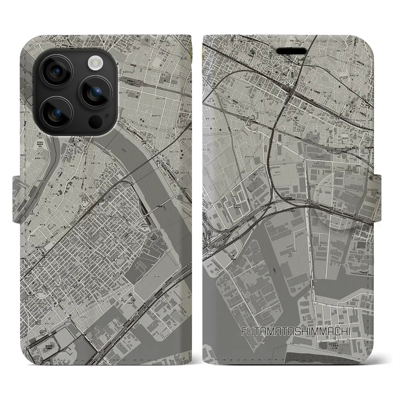【二俣新町(千葉県)】地図柄iPhoneケース(手帳タイプ)モノトーン・iPhone 16 用