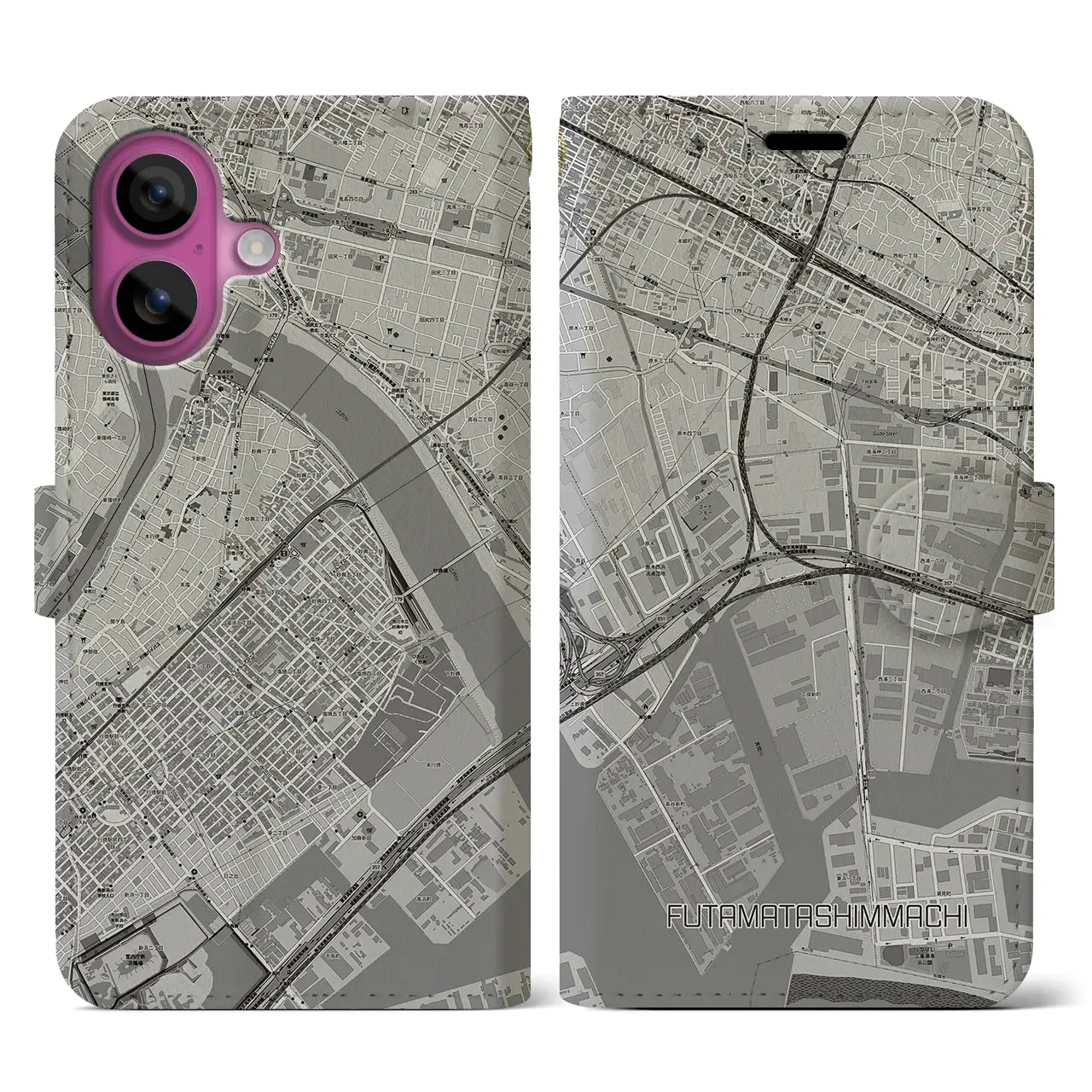 【二俣新町(千葉県)】地図柄iPhoneケース(手帳タイプ)モノトーン・iPhone 16 Pro 用