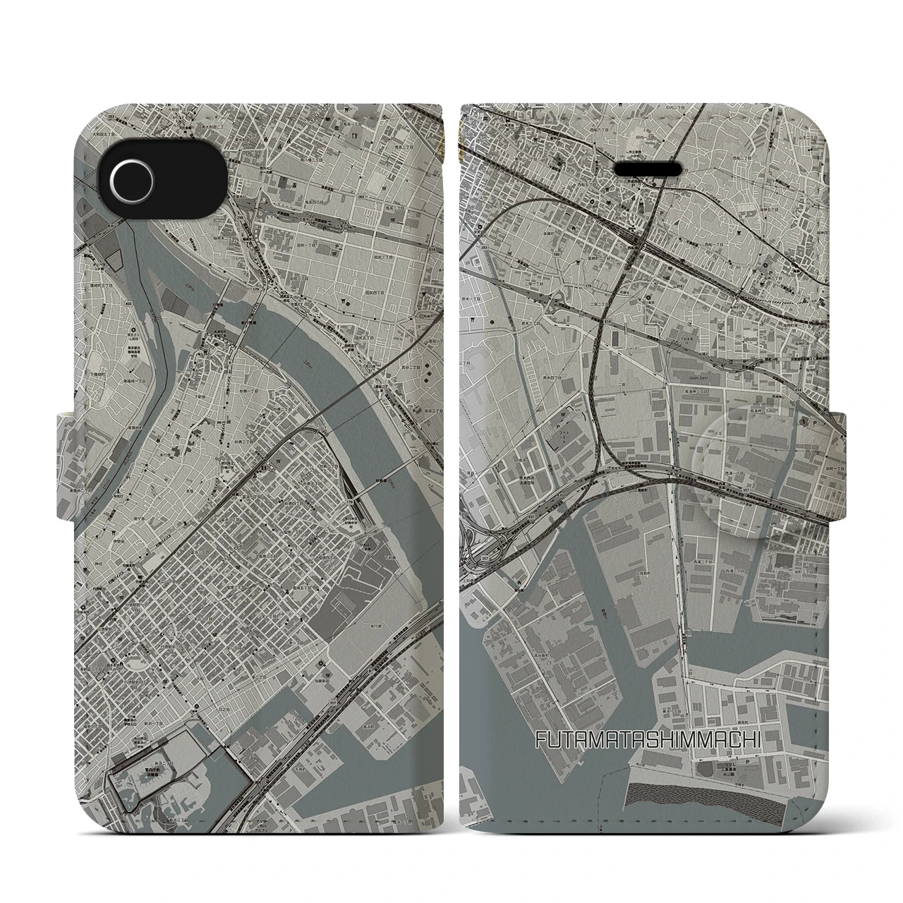 【二俣新町(千葉県)】地図柄iPhoneケース(手帳タイプ)モノトーン・iPhone SE(第3 / 第2世代) / 8 / 7 / 6s / 6 用