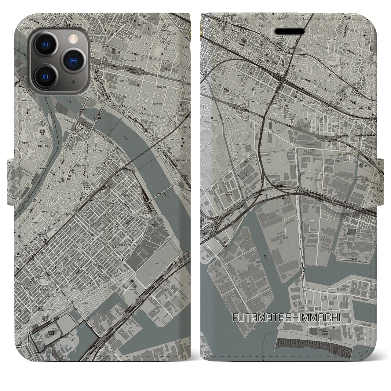 【二俣新町(千葉県)】地図柄iPhoneケース(手帳タイプ)