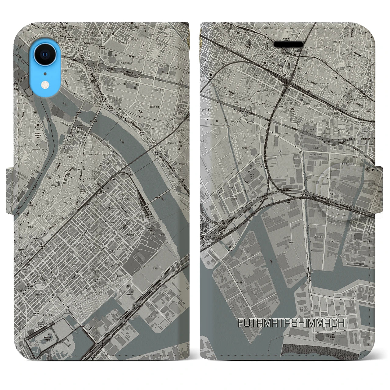 【二俣新町(千葉県)】地図柄iPhoneケース(手帳タイプ)モノトーン・iPhone XR 用
