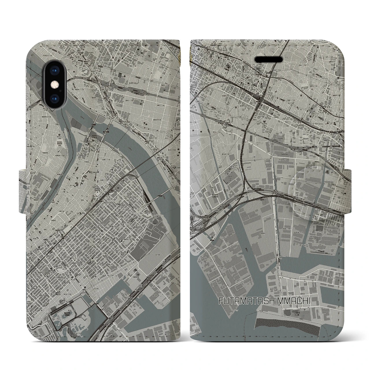 【二俣新町(千葉県)】地図柄iPhoneケース(手帳タイプ)モノトーン・iPhone XS / X 用