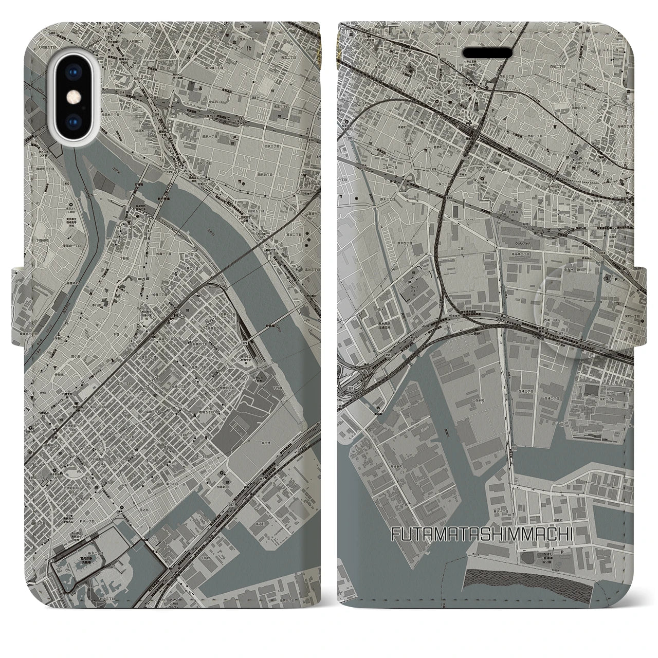 【二俣新町(千葉県)】地図柄iPhoneケース(手帳タイプ)モノトーン・iPhone XS Max 用