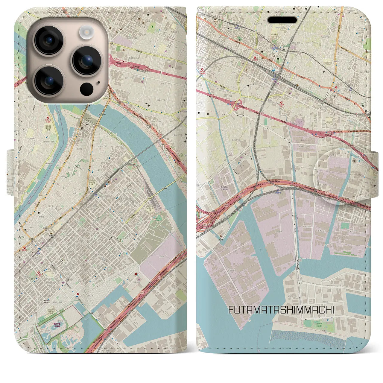 【二俣新町(千葉県)】地図柄iPhoneケース(手帳タイプ)ナチュラル・iPhone 16 Plus 用