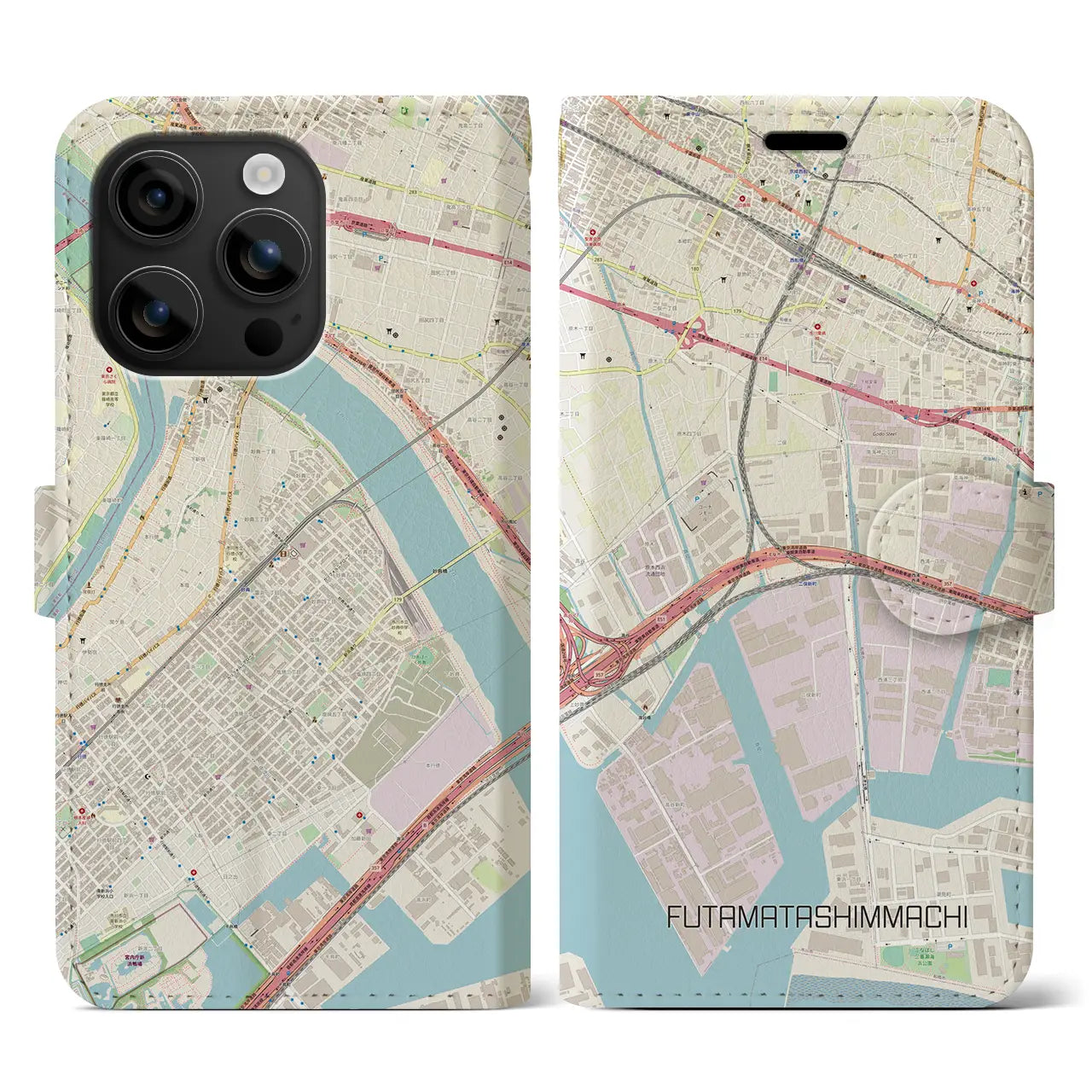 【二俣新町(千葉県)】地図柄iPhoneケース(手帳タイプ)ナチュラル・iPhone 16 用