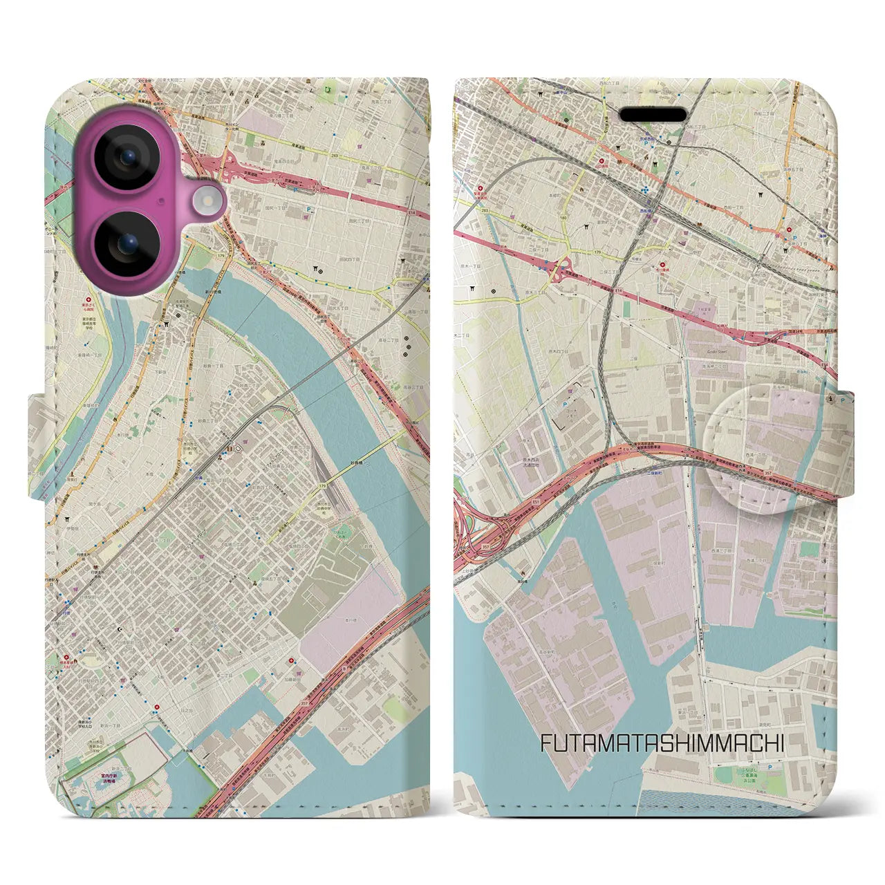 【二俣新町(千葉県)】地図柄iPhoneケース(手帳タイプ)ナチュラル・iPhone 16 Pro 用
