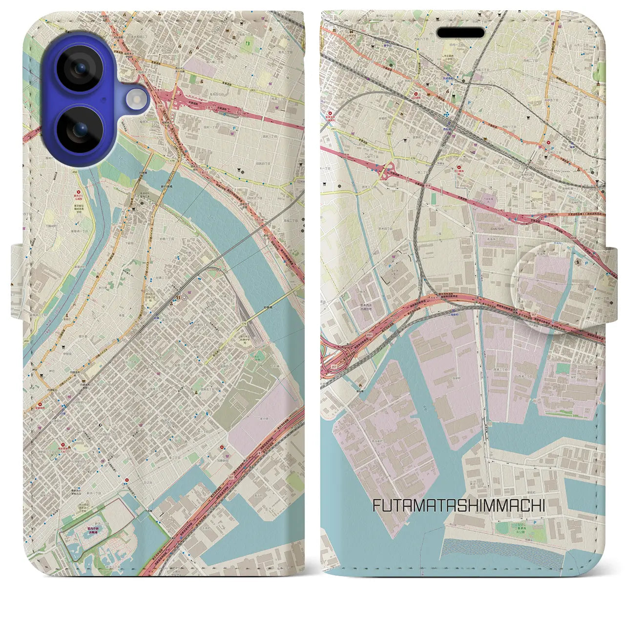 【二俣新町(千葉県)】地図柄iPhoneケース(手帳タイプ)ナチュラル・iPhone 16 Pro Max 用