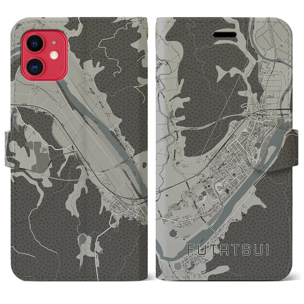 【二ツ井(秋田県)】地図柄iPhoneケース(手帳タイプ)モノトーン・iPhone 11 用