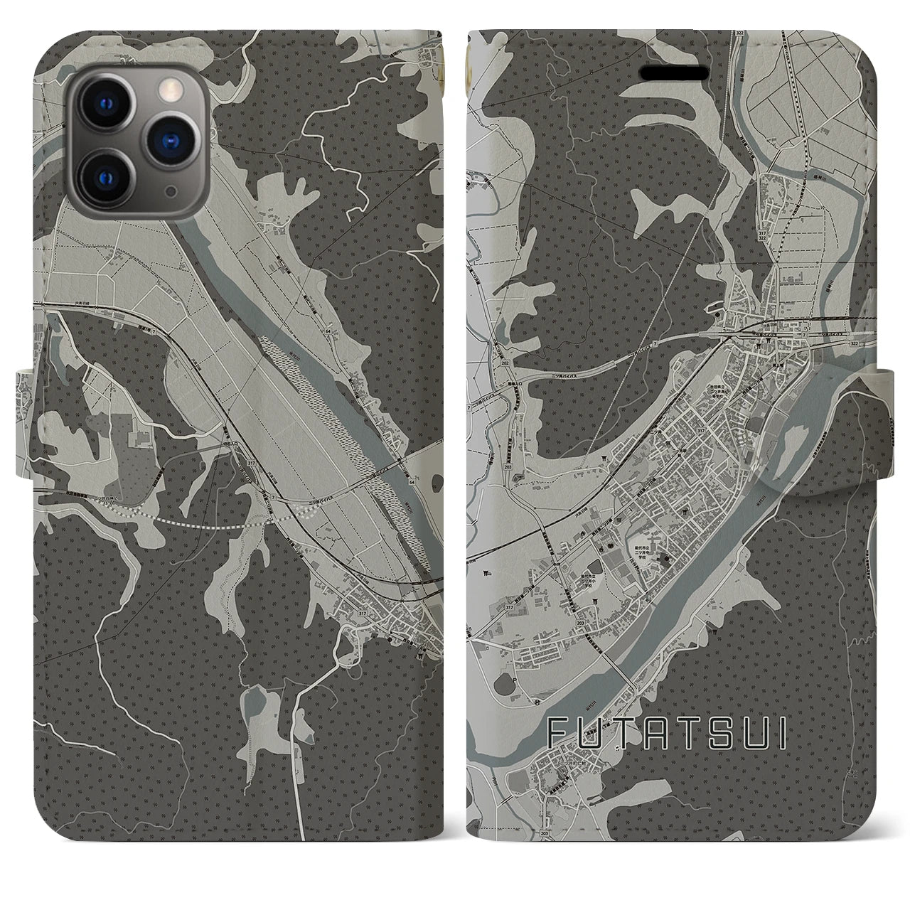 【二ツ井(秋田県)】地図柄iPhoneケース(手帳タイプ)モノトーン・iPhone 11 Pro Max 用