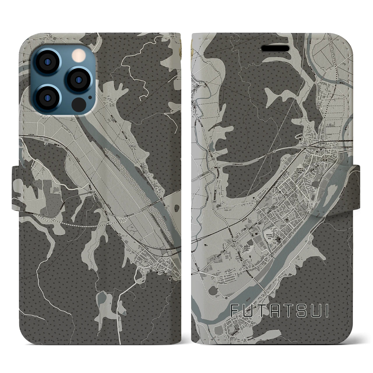 【二ツ井(秋田県)】地図柄iPhoneケース(手帳タイプ)モノトーン・iPhone 12 / 12 Pro 用
